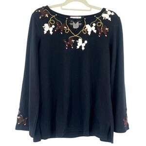 Vtg Mary McFadden Women's Black Poodle Embroidered Beaded Blouse Sz M Dog Lover